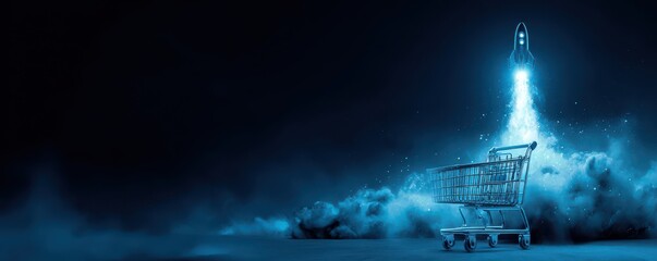 Shopping Cart with Rocket Launching into Space Symbolizing E-commerce and Future of Retail Innovation