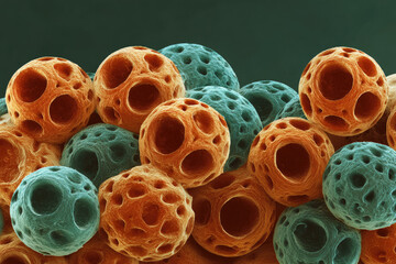 Microscopic view of spherical pollen grains with porous texture in orange and blue colors showing detailed surface structure and chaotic arrangement