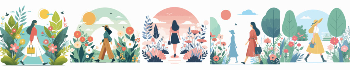 vector character woman walking in flower garden