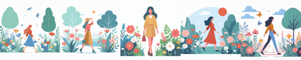 vector character woman walking in flower garden