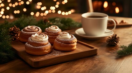 Christmas breakfast setup with cinnamon rolls, cocoa, and pine decor