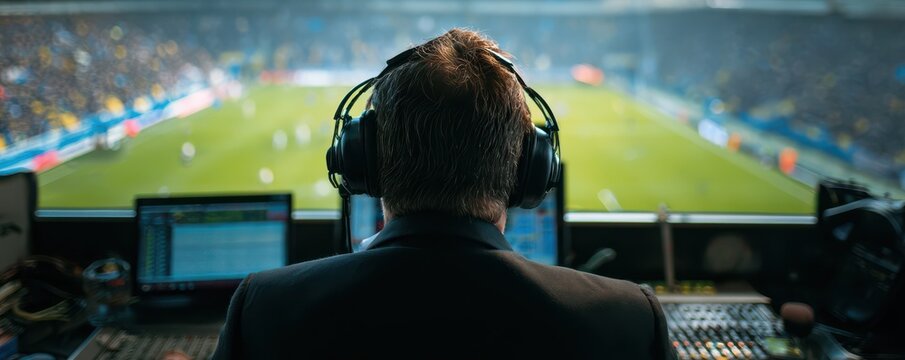 Broadcast professional with headphones overseeing live sports event at stadium from behind with audience in background