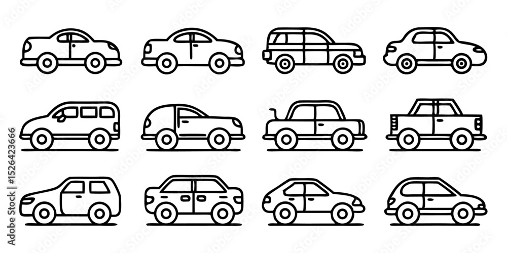 Poster twelve colorful line icons depicting various car types for design projects