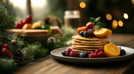 Christmas day brunch table with pancakes, fruit, and decor