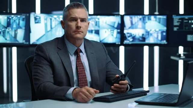 Security Officer Uses Walkie Talkie And Keyboard In Control Room With Monitors Displaying Surveillance Footage Under Bright Indoor Lighting