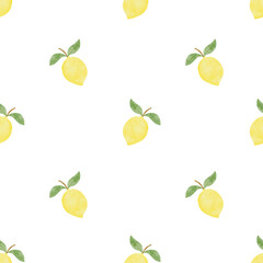 Watercolor lemons with green leaves seamless pattern. Minimalistic summer sunny hand drawn print for textile or wall art design or background.