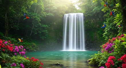 Lush Tropical Waterfall Scene with Birds and Flowers