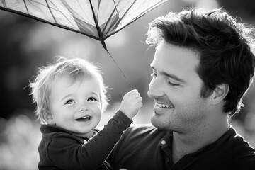 Joyful Moment Between Father and Baby Under Umbrella Black and White