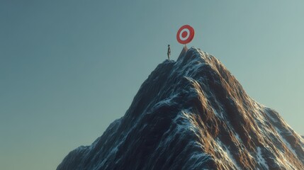 Individual Standing on Mountain Peak with Target Symbol Representing Goals and Aspirations in Nature's Serenity