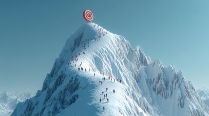 Climbers Ascend Snowy Mountain to Reach Target Goal at Summit in Clear Blue Sky, Symbolizing Ambition and Achievement