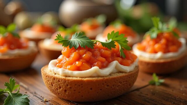 Savory canap&eacute;s topped with salsa and cilantro on wooden table  