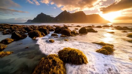 Low tide reveals seaweed covered rocks on beach with jagged mountains in the distance under a colorful sunrise. - Powered by Adobe