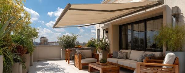 Fototapeta premium Cozy Outdoor Terrace with Modern Lounge Area and Shade Awning Against a Blue Sky