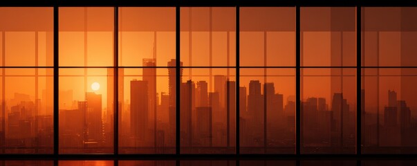 Golden Sunset Over a City Skyline Framed by Floor-to-Ceiling Windows in a Modern Office Space