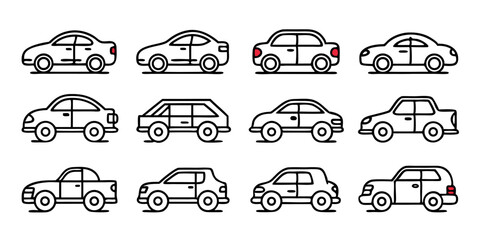A collection of twelve line art car icons for design projects