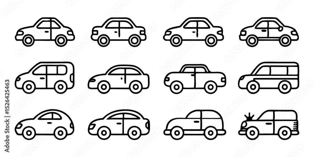 Poster twelve line icons depicting various car types for design projects