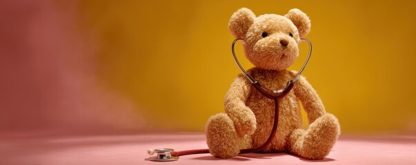Cute teddy bear with stethoscope on colorful background conveying the theme of healthcare and childhood innocence