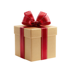 Obraz premium A beautifully wrapped golden gift box with a shiny red ribbon and bow, perfect for celebrations and special occasions, isolated on a white background.