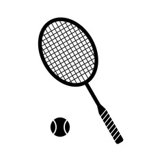 Tennis Racket and Ball Black and White Icon. Vector illustration