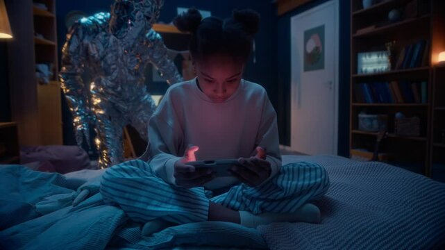 Little African American girl in pyjamas sitting on bed in cozy dark room at night absorbed into smartphone screen while mysterious alien creature sneaking up behind her then walking away unnoticed