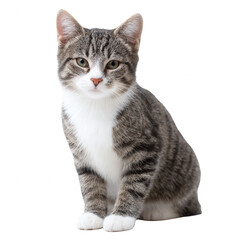 Fototapeta premium A calm and adorable tabby cat sitting gracefully, featuring distinctive stripes and a soft, fluffy coat, looking straight at the camera with expressive eyes.