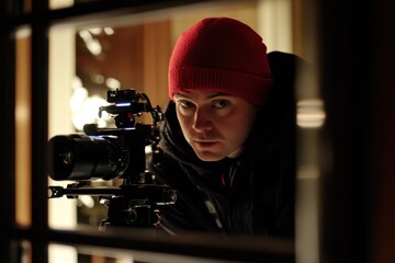 Photographer in Beanie Capturing Image with Camera Through Window