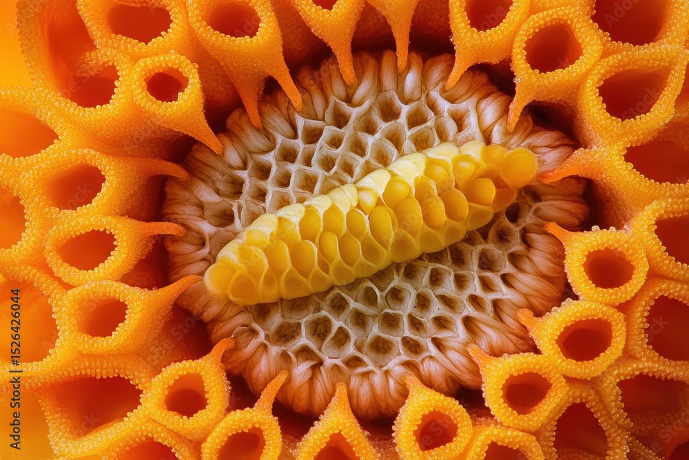 Poster close-up of intricate yellow flower structure with honeycomb pattern