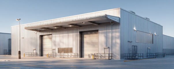 Industrial warehouse exterior with metal cladding, loading dock and clear blue sky in a modern urban environment