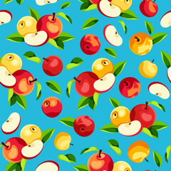 Seamless pattern with red and yellow apples and green leaves on a blue background. Vector fruit print