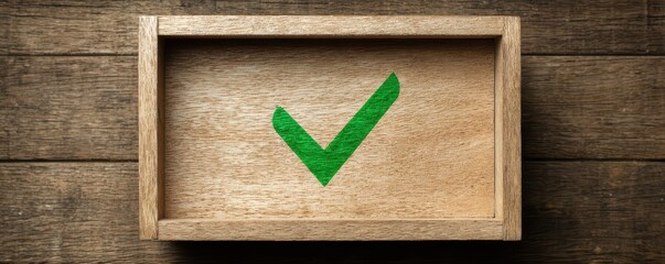 Green Check Mark on Wooden Background in a Simple Frame for Positive Reinforcement or Approval Concepts