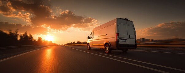 Delivery Van on Open Highway at Sunset with Dramatic Sky and Warm Colors