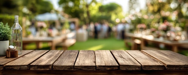 Rustic wooden table foreground with blurred garden party setting in background, perfect for event planning and outdoor gatherings