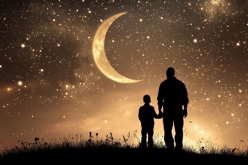 Silhouetted Father and Son Holding Hands Under a Starry Sky