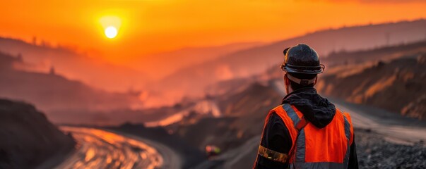 Construction Worker Observing Sunset in Open Pit Mine with Vibrant Colors and Dramatic Sky