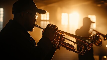 Energetic brass duet with strong shadows and warm tones, smoky jazz club vibe