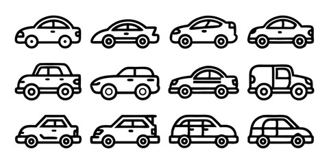 Twelve car line icons design set in black yellow cyan magenta