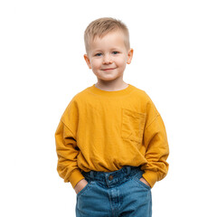 A cheerful young boy wearing a yellow sweatshirt and blue jeans, smiling confidently against a white isolated background.