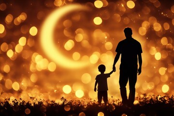 Silhouette of Father and Child Against Dreamy Moonlit Background