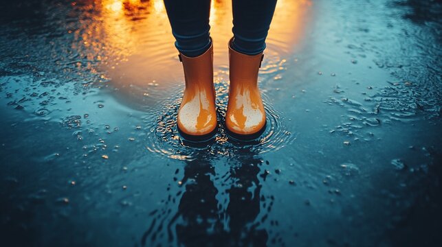 Rainy evening stroll in vibrant puddle.  A pair of bright orange rain boots stand in a deep puddle reflecting the warm golden light.  The puddle is still, reflecting the surroundings