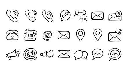Hand-drawn Contact Us Icons Phone, Email, Location, and More