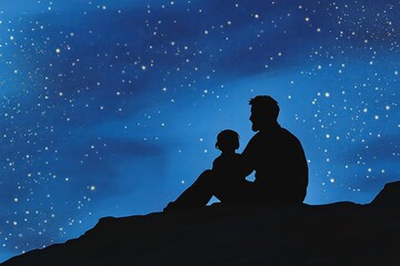 Silhouette of Father and Child Under Night Sky Full of Stars
