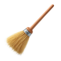 A classic cleaning brush with a wooden handle and soft bristles, ideal for various household tasks, isolated on a clean white background.