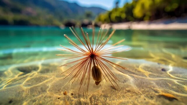 Single seed with radiating filaments floating above sandy ocean floor with turquoise water.