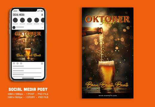 Editable Oktoberfest Fest Social Media Post & Story Template &ndash; Glowing Beer Pour with Bokeh Lights PSD