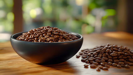 Instant granulated coffee in a black ceramic dish beside coffee beans isolated