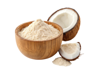 A wooden bowl of coconut flour with halved coconut isolated on a transparent background png