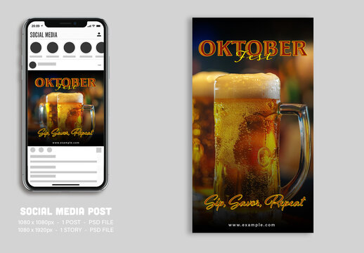 Editable Oktoberfest Social Media Post & Story Template &ndash; Close-Up Beer Mug with &lsquo;Sip Savor Repeat&rsquo; Text PSD Design