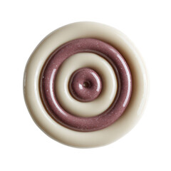 A close-up view of a beautifully designed circular chocolate decoration featuring creamy white and rich brown swirls, perfect for enhancing desserts and pastries.