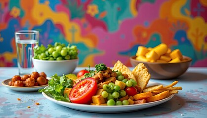 clear and vibrant food centered on the table with a glass of water, set against a colorful background, shot in 4k clarity.