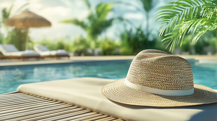Portrait of a wide-brimmed straw hat placed on a sun lounger with a swimming pool in the background 